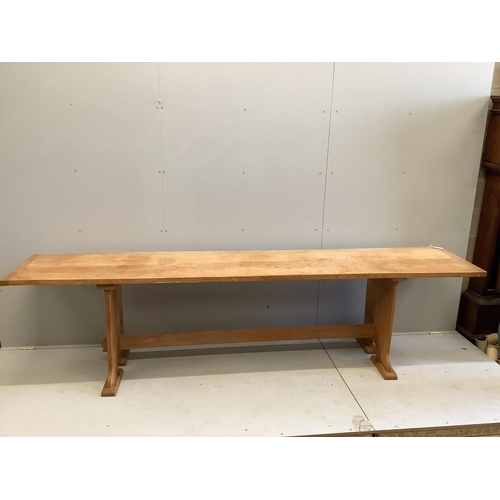 1101 - A bespoke oak narrow rectangular serving table, width 302cm, depth 59cm, height 76cm. Condition - fa... 