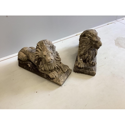 1106 - A pair of re-constituted stone recumbent lion garden ornaments, length 58cm, height 38cm. Condition ... 