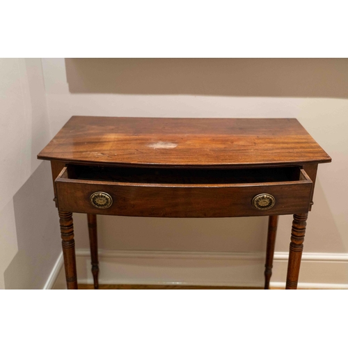 1115 - A Regency mahogany bow front side table, width 91cm, depth 53cm, height 81cm. Condition - fair... 