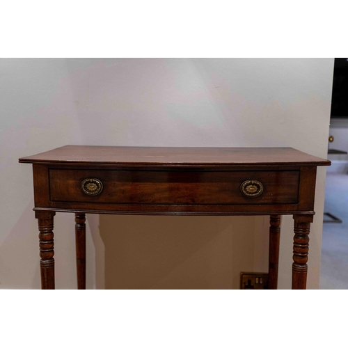 1115 - A Regency mahogany bow front side table, width 91cm, depth 53cm, height 81cm. Condition - fair... 