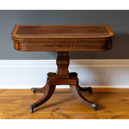 1118 - A George IV satinwood banded mahogany D shaped folding card table, width 90cm, depth 44cm, height 72... 