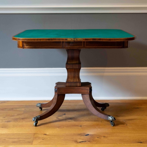 1118 - A George IV satinwood banded mahogany D shaped folding card table, width 90cm, depth 44cm, height 72... 