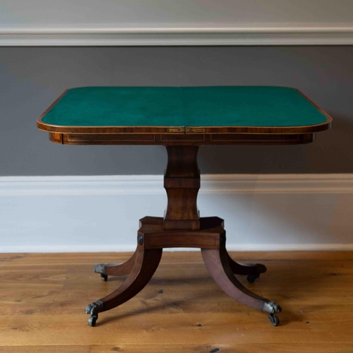 1118 - A George IV satinwood banded mahogany D shaped folding card table, width 90cm, depth 44cm, height 72... 