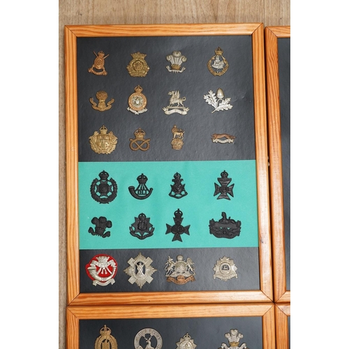 1383 - A collection of ninety-seven military cap badges mounted on four boards including; The City of Londo... 