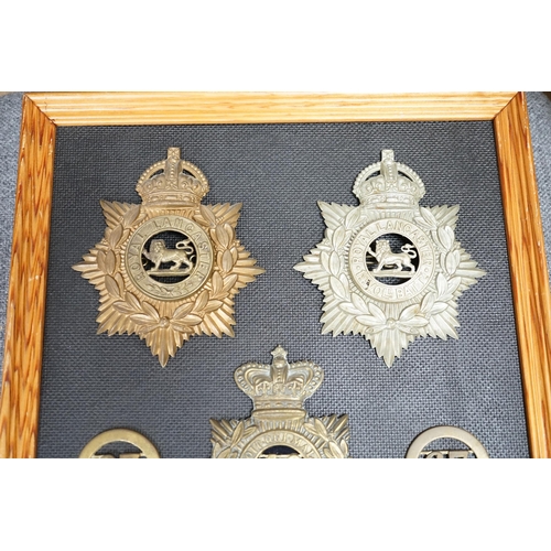 1386 - Five military helmet plates and two other centre badges mounted on a board, including; the Royal Lan... 