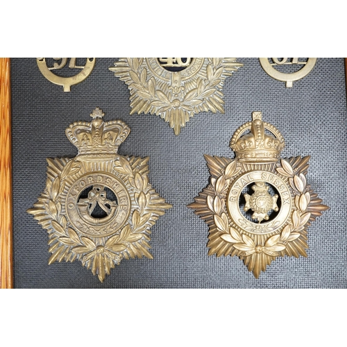 1386 - Five military helmet plates and two other centre badges mounted on a board, including; the Royal Lan... 