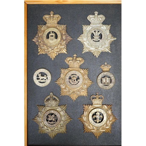 1388 - Five military helmet plates and two other centre badges, mounted on a board including; the Essex Reg... 