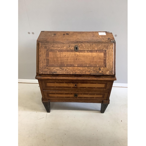 55 - A mid 19th century Dutch miniature oak and mahogany crossbanded bureau, width 44cm, depth 25cm, heig... 