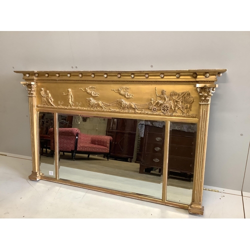 6 - A Regency carved giltwood and composition triple plate overmantel mirror, width 151cm, height 89cm. ... 