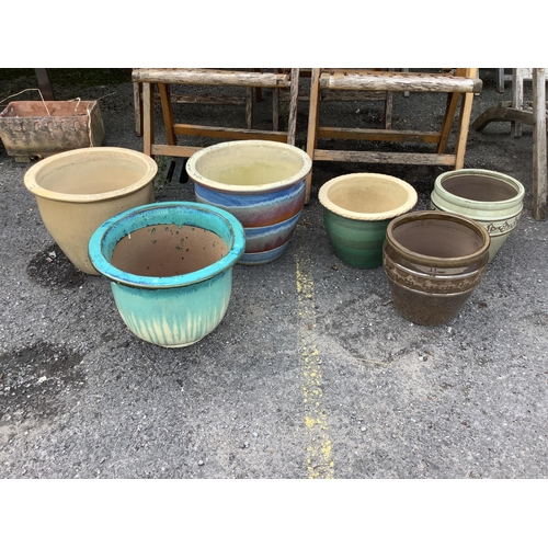 1013 - Six glazed earthenware circular garden planters, largest diameter 38cm, height 32cm. Condition - fai... 