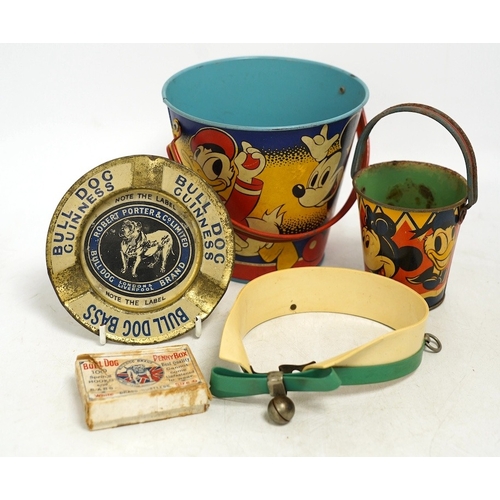 1257 - A vintage Bull Dog Bass and Guinness tinplate advertising ashtray, two Happynak Mickey Mouse toy buc... 