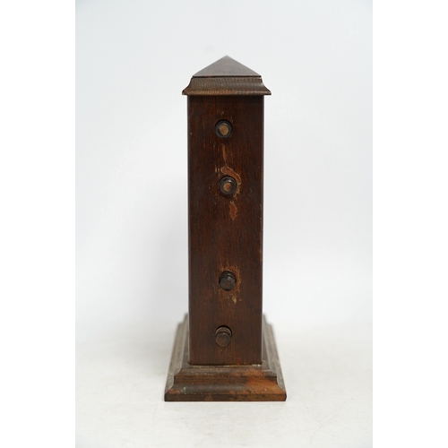 1259 - An early 20th century oak perpetual calendar, 19cm wide, 26cm high. Condition - fair