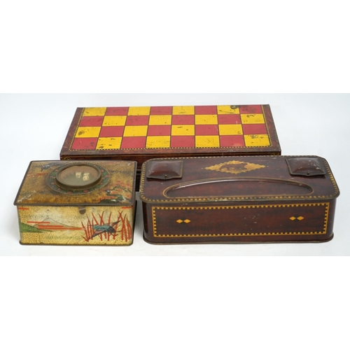 1260 - An early 20th century Carrs novelty 'dice game' biscuit tin, a Don Confectionery 'chessboard' tin an... 