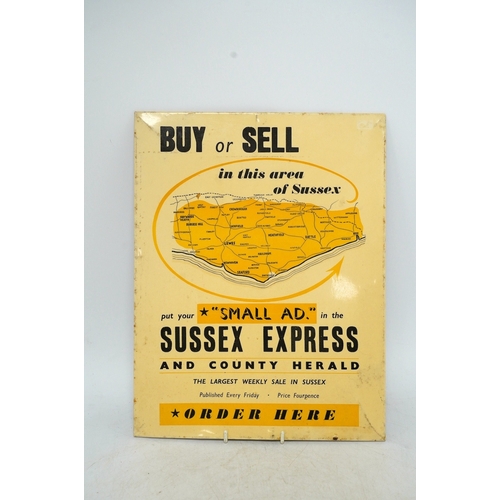 1267 - Four mid century printed advertising signs, Sussex Express, Caran D'ache, Smiths Crisps and Bulmer c... 