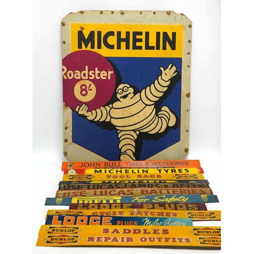 1268 - Motoring interest: twelve mid century tinplate advertising shelf strips, largest 48cm, together with... 