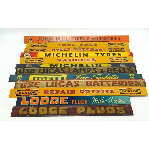 1268 - Motoring interest: twelve mid century tinplate advertising shelf strips, largest 48cm, together with... 