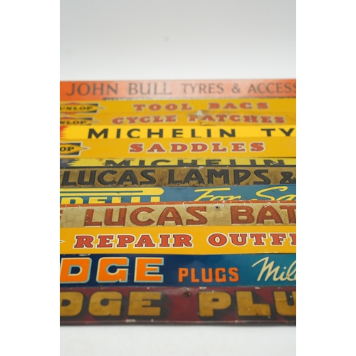 1268 - Motoring interest: twelve mid century tinplate advertising shelf strips, largest 48cm, together with... 