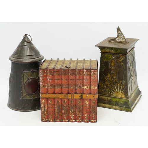 1269 - Three early 20th century Huntley & Palmer novelty biscuit tins, modelled as bound books, a sun dial ... 