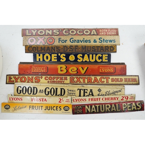 1277 - Eleven early / mid 20th century tinplate advertising shelf strips, largest 60cm. Condition - fair... 