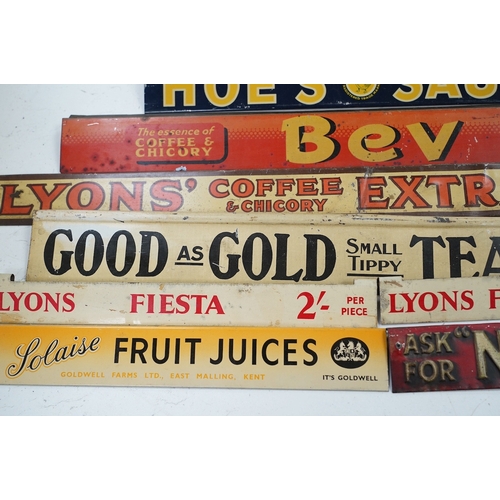 1277 - Eleven early / mid 20th century tinplate advertising shelf strips, largest 60cm. Condition - fair... 