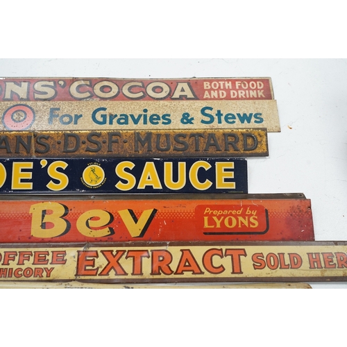 1277 - Eleven early / mid 20th century tinplate advertising shelf strips, largest 60cm. Condition - fair... 