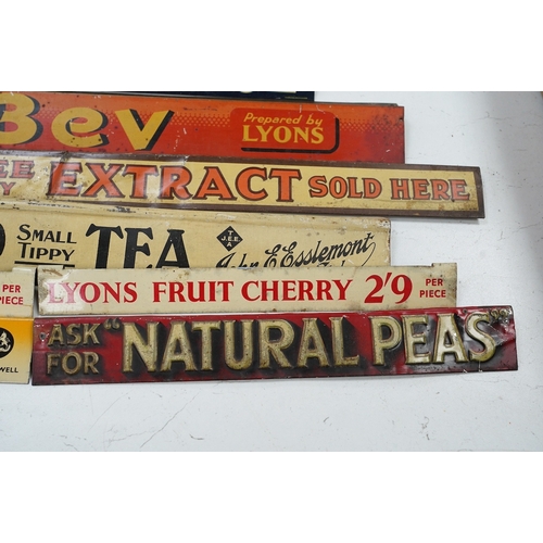 1277 - Eleven early / mid 20th century tinplate advertising shelf strips, largest 60cm. Condition - fair... 