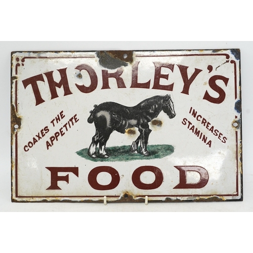 1280 - An early 20th century Thorley's Food rectangular enamel advertising sign, 30 x 20cm. Condition - poo... 