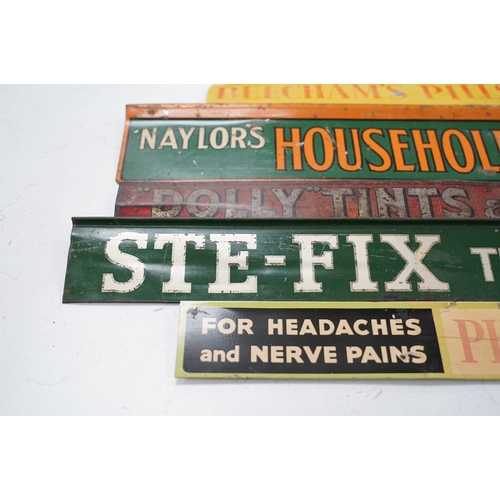 1285 - Eleven early / mid century tinplate advertising shelf strips, largest 60cm. Condition - poor to fair... 