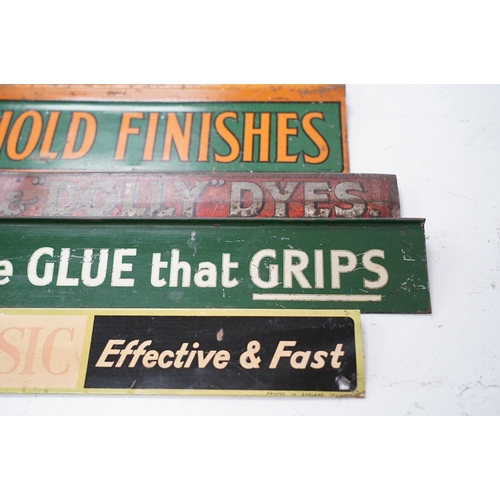 1285 - Eleven early / mid century tinplate advertising shelf strips, largest 60cm. Condition - poor to fair... 