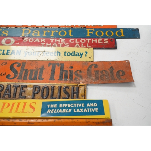 1285 - Eleven early / mid century tinplate advertising shelf strips, largest 60cm. Condition - poor to fair... 