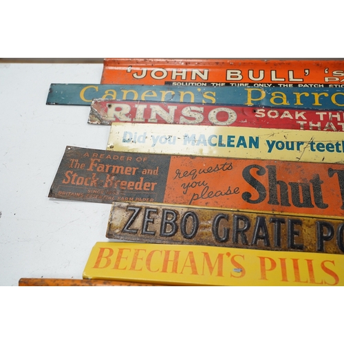 1285 - Eleven early / mid century tinplate advertising shelf strips, largest 60cm. Condition - poor to fair... 