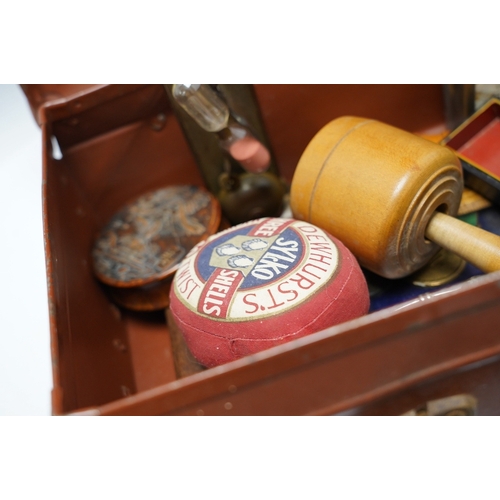 1289 - A quantity of 19th century and later collectables to include a circular burr wood snuff box, framed ... 