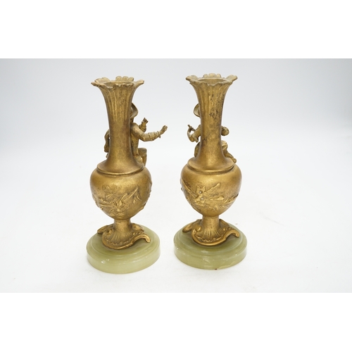 1301 - After Emil Fuchs (1866-1929), a pair of ormolu figural vases, on onyx bases, 20.5cm. Condition - fai... 