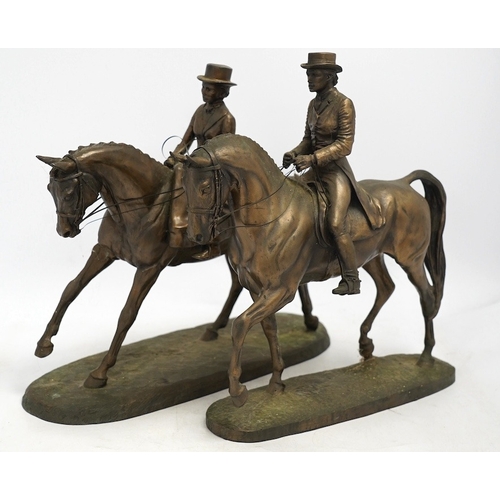 1304 - Harriet Glen and David Crenty, two cold cast resin bronze equestrian groups, 32cm wide. Condition - ... 