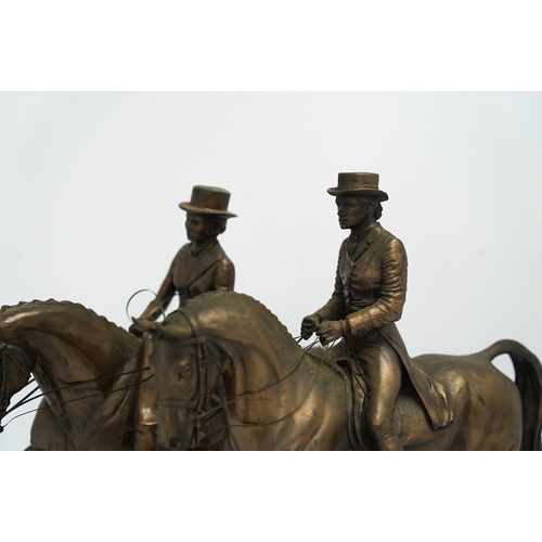 1304 - Harriet Glen and David Crenty, two cold cast resin bronze equestrian groups, 32cm wide. Condition - ... 