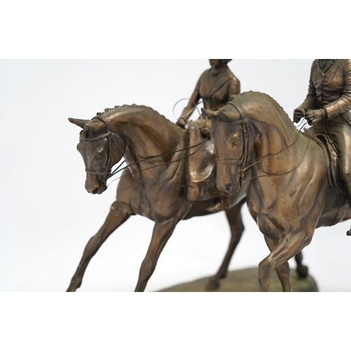 1304 - Harriet Glen and David Crenty, two cold cast resin bronze equestrian groups, 32cm wide. Condition - ... 