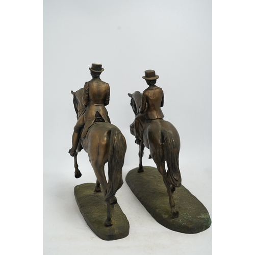 1304 - Harriet Glen and David Crenty, two cold cast resin bronze equestrian groups, 32cm wide. Condition - ... 