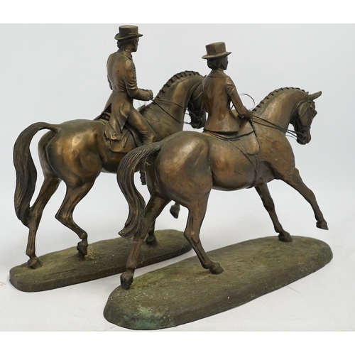 1304 - Harriet Glen and David Crenty, two cold cast resin bronze equestrian groups, 32cm wide. Condition - ... 