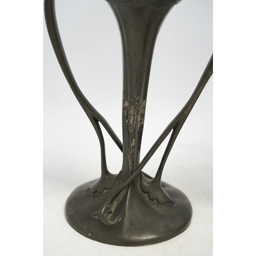 1307 - A pair of Art Nouveau Liberty Tudric pewter twin-handled vases, stamped to the bases, 25cm high. Con... 