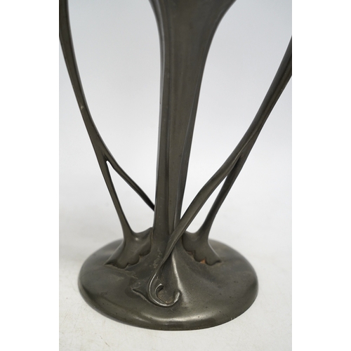 1307 - A pair of Art Nouveau Liberty Tudric pewter twin-handled vases, stamped to the bases, 25cm high. Con... 