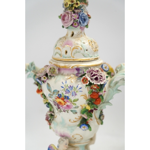 1308 - A pair of Potschappel porcelain floral encrusted vases and covers, 31cm high. Condition - poor... 