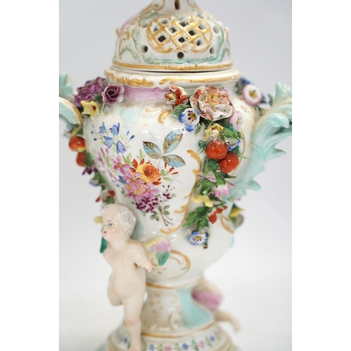 1308 - A pair of Potschappel porcelain floral encrusted vases and covers, 31cm high. Condition - poor... 