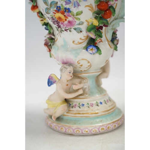 1308 - A pair of Potschappel porcelain floral encrusted vases and covers, 31cm high. Condition - poor... 