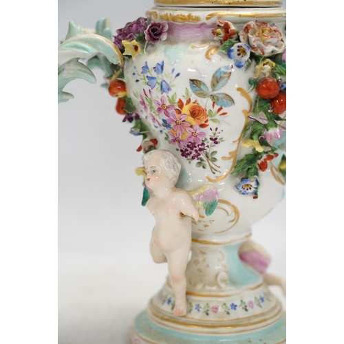 1308 - A pair of Potschappel porcelain floral encrusted vases and covers, 31cm high. Condition - poor... 