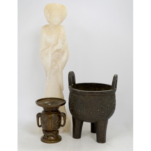 1310 - A Chinese alabaster carved model of an elder, a Chinese bronze tripod censer and a Japanese bronze v... 