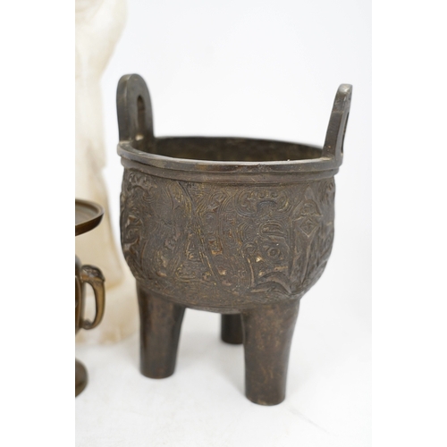 1310 - A Chinese alabaster carved model of an elder, a Chinese bronze tripod censer and a Japanese bronze v... 