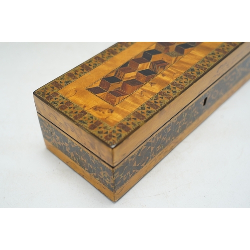 1312 - Two Tunbridgeware bird's eye maple half square mosaic glove boxes, c.1825-40, one with key, 24cm. Co... 