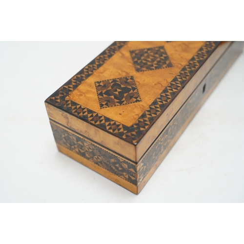 1312 - Two Tunbridgeware bird's eye maple half square mosaic glove boxes, c.1825-40, one with key, 24cm. Co... 