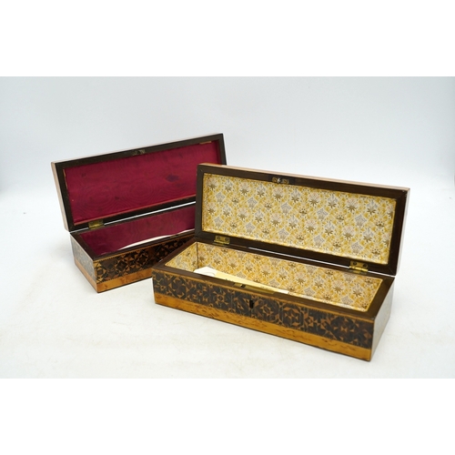 1312 - Two Tunbridgeware bird's eye maple half square mosaic glove boxes, c.1825-40, one with key, 24cm. Co... 