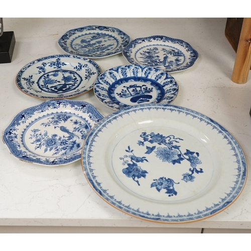 1313 - Six 18th century Chinese export blue and white plates, largest 32cm diameter. Condition - poor to fa... 